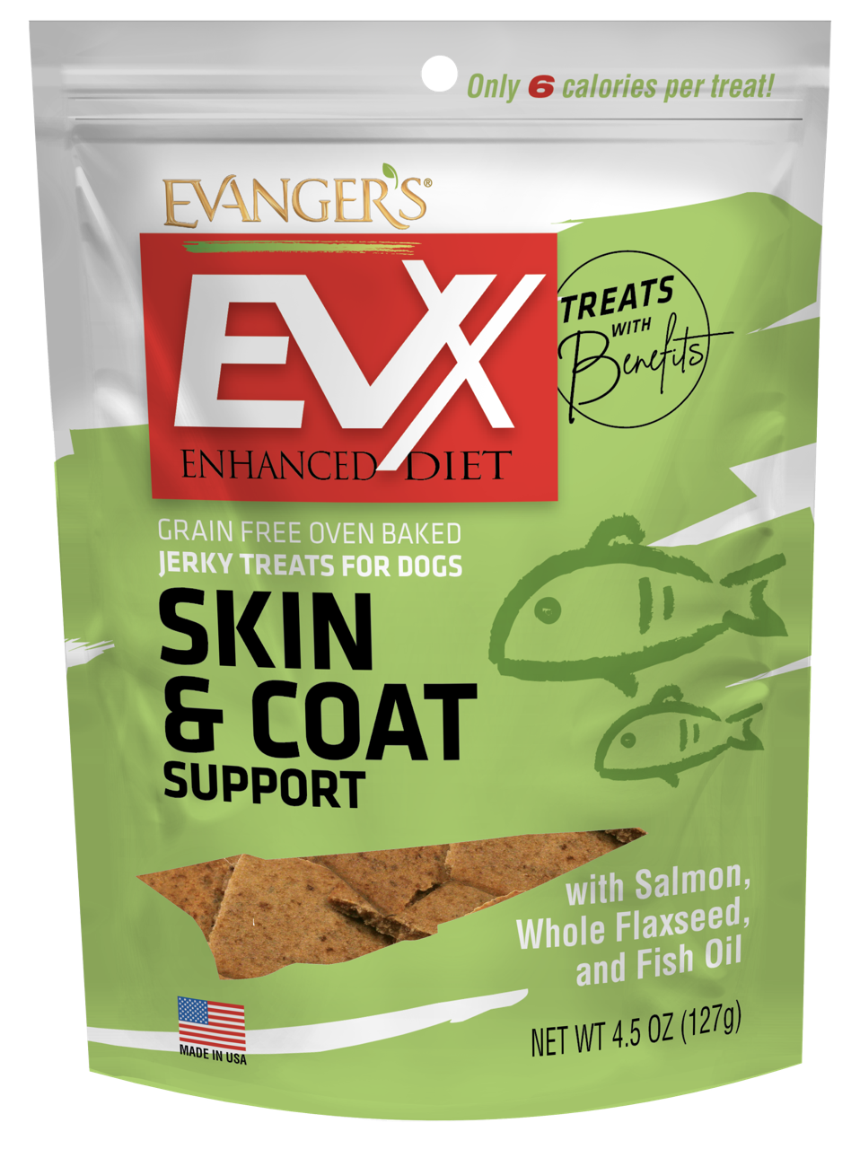 Evanger's EVx Enhanced Diet Skin & Coat Dog Treats, 4.5oz, featuring salmon, whole flaxseed, and fish oil. Grain-free jerky.