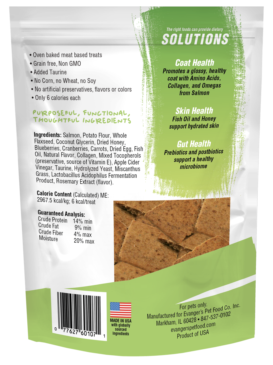 Evanger's EVx Enhanced Diet Dog Treats, 4.5oz, featuring salmon, whole flaxseed, and fish oil for skin and coat health.