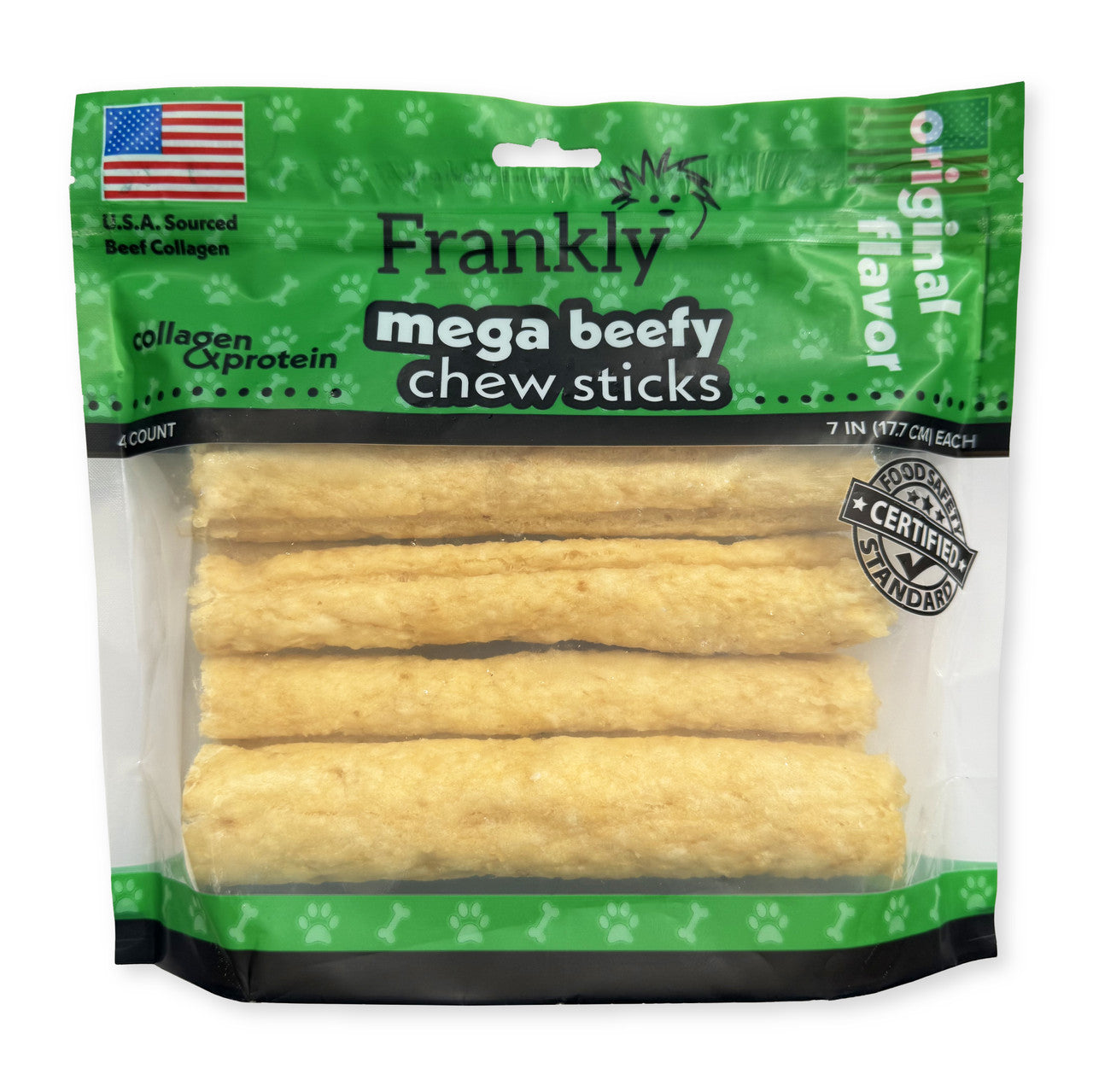Frankly Pet Mega Beefy Chew Sticks, Original Flavor, 4 count, 7-inch collagen dog treats.