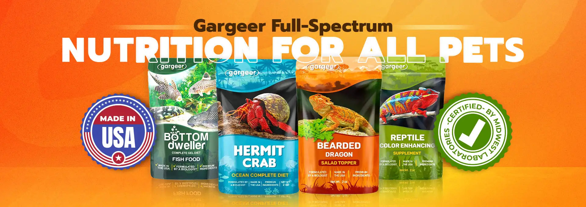Gargeer full-spectrum reptile pet food for hermit crabs, bearded dragons, and reptiles with color-enhancing nutrition