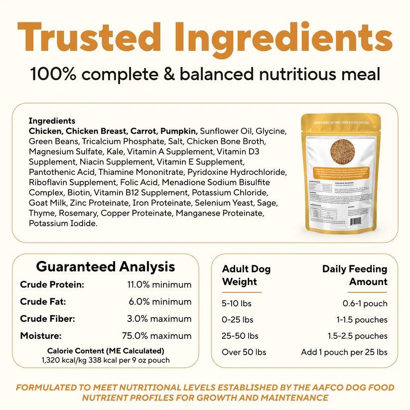 Dave's Homestyle Meal Grain-Free Goat Milk, Chicken Dinner Gently Cooked Dog Food 10 Pack - 9 oz Pouches