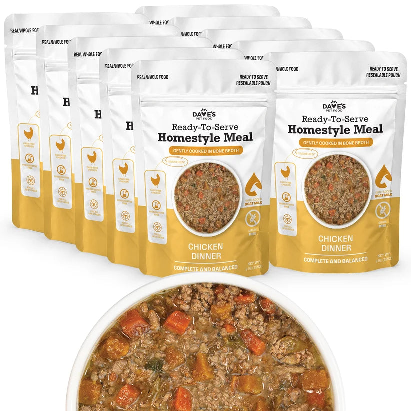 Dave's Homestyle Meal Grain-Free Goat Milk, Chicken Dinner Gently Cooked Dog Food 10 Pack - 9 oz Pouches