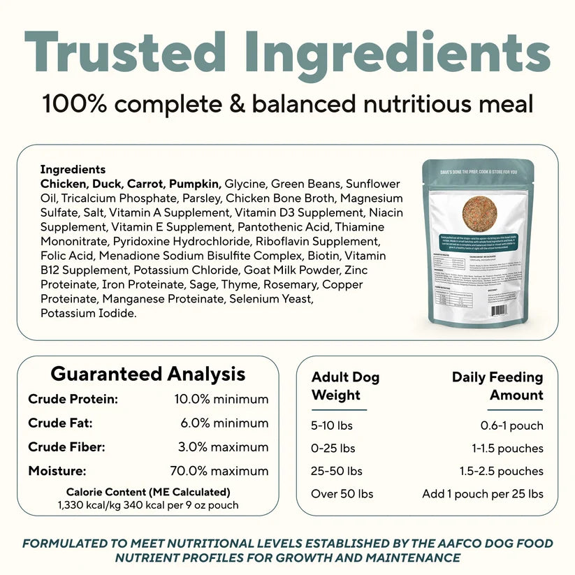 Dave's Homestyle Meal Grain-Free Goat Milk, Duck & Chicken Dinner Gently Cooked Dog Food 10 Pack - 9 oz Pouches