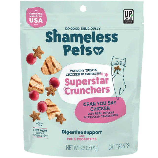 Talis Us Shameless Pets Cran U Say Chicken Cat Treats package featuring crunchy treats, with a cat illustration and details o