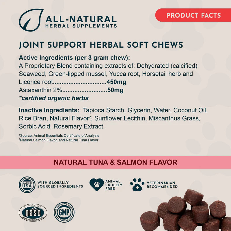 Product facts for Joint Support Herbal Soft Chews showing active ingredients and tuna salmon flavor.