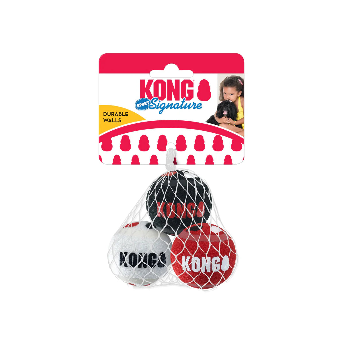 Three-pack of Kong Signature small dog balls in black, white, and red with durable walls.