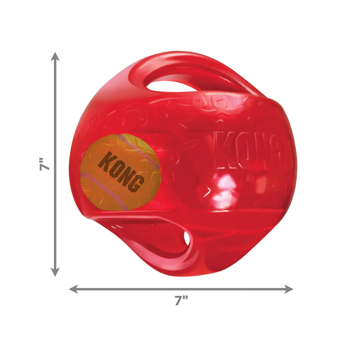 Red KONG Jumbler Ball dog toy with interior tennis ball and handles, measuring 7 inches.