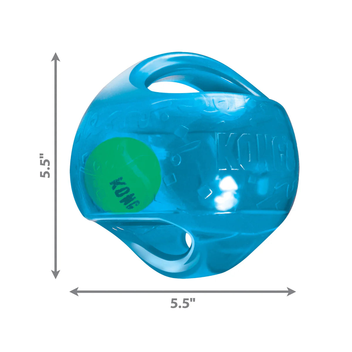 Blue KONG Jumbler Ball dog toy with internal green tennis ball, measuring 5.5 inches.