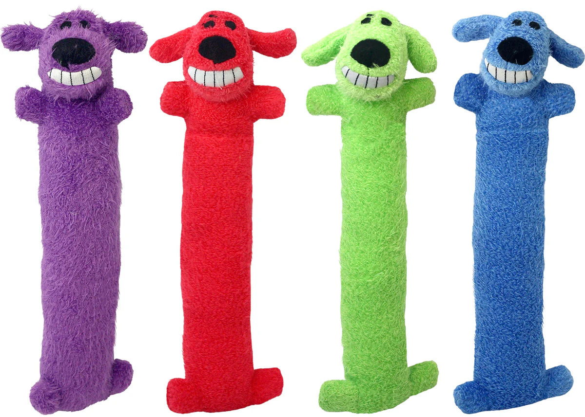 Multipet Loofa Dog Toy, 12-inch, red and blue, squeaking, durable, interactive