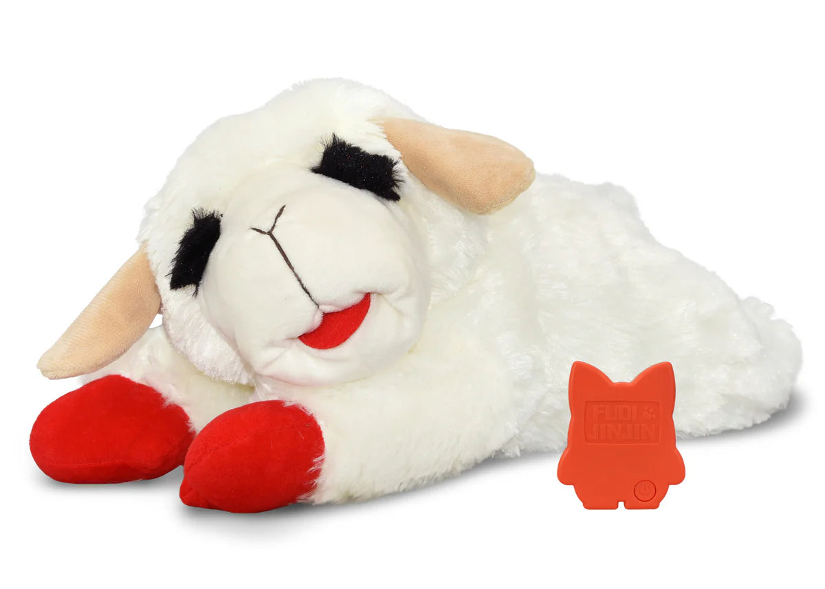 Soft white lamb plush dog toy with red heart-shaped paws and a red heartbeat squeaker for playful comfort