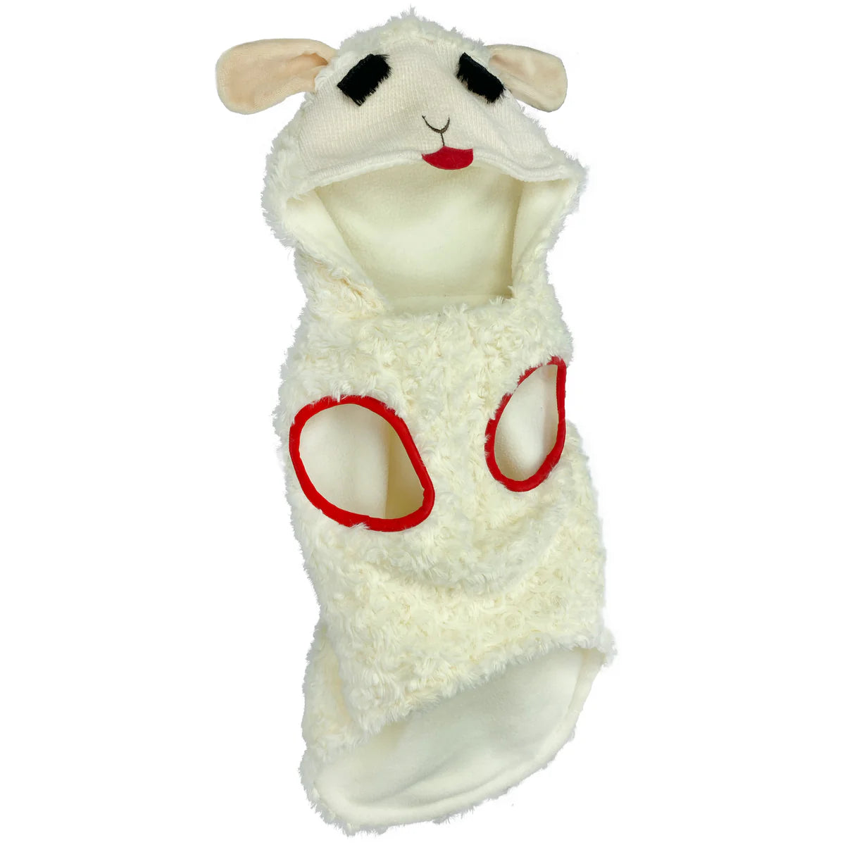 Soft and cozy dog hoodie designed to look like a lamb with ear details and red-trimmed armholes.