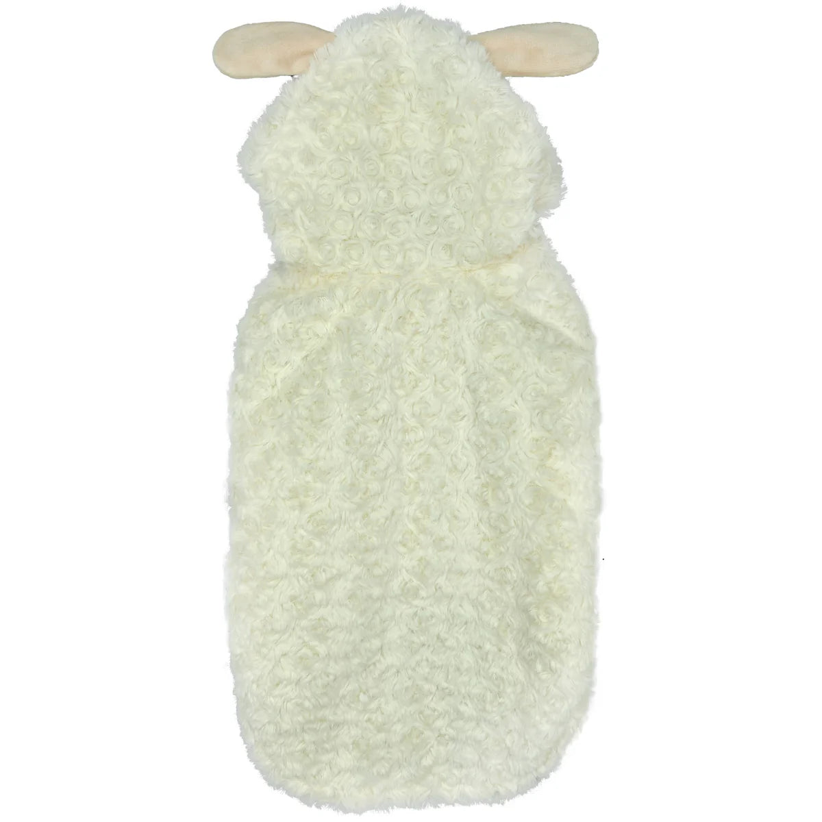 Plush, curly-textured dog hoodie in creamy white with soft, light-colored ear accents on the hood.