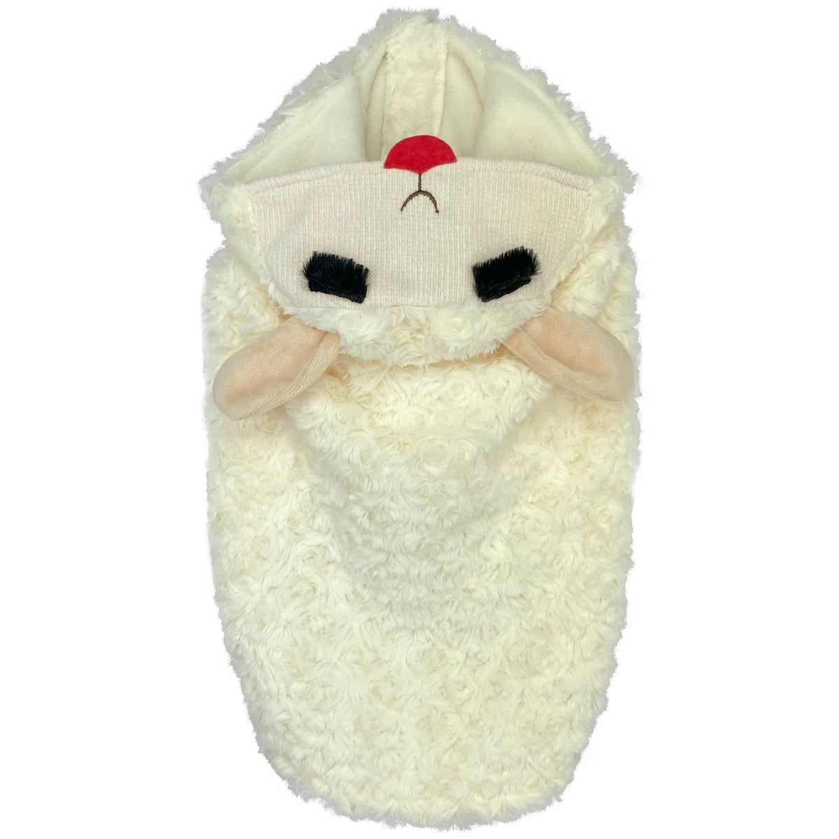 Creamy white dog hoodie with curly texture, featuring a playful lamb face and soft ear details on the hood.