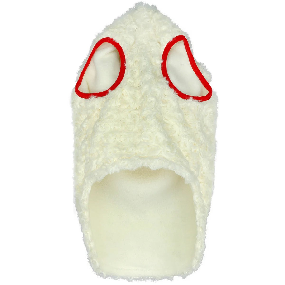 Soft white dog hoodie with curly texture and bright red trim outlining the armholes for a cozy fit.