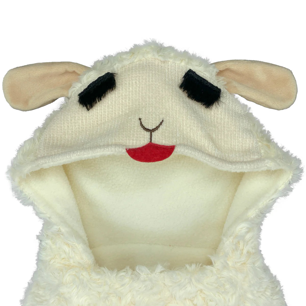 Creamy textured dog hoodie hood with soft ears, embroidered eyes, and a red tongue detail for a playful look
