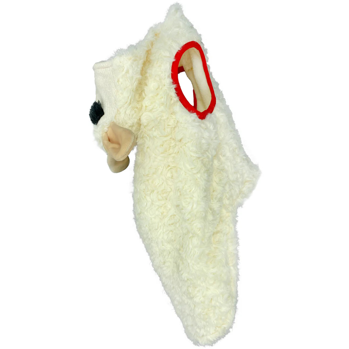 Curly cream-colored dog hoodie with red trim at armhole and soft ear and nose details on cozy hooded design.