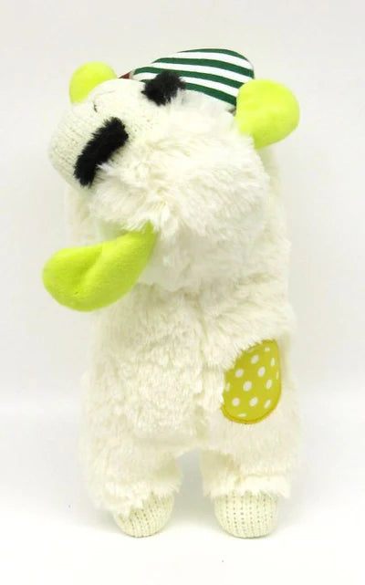 Plush lamb dog toy with curly white fur, bright yellow ears, striped hat, and polka-dot patch on leg for tossing.