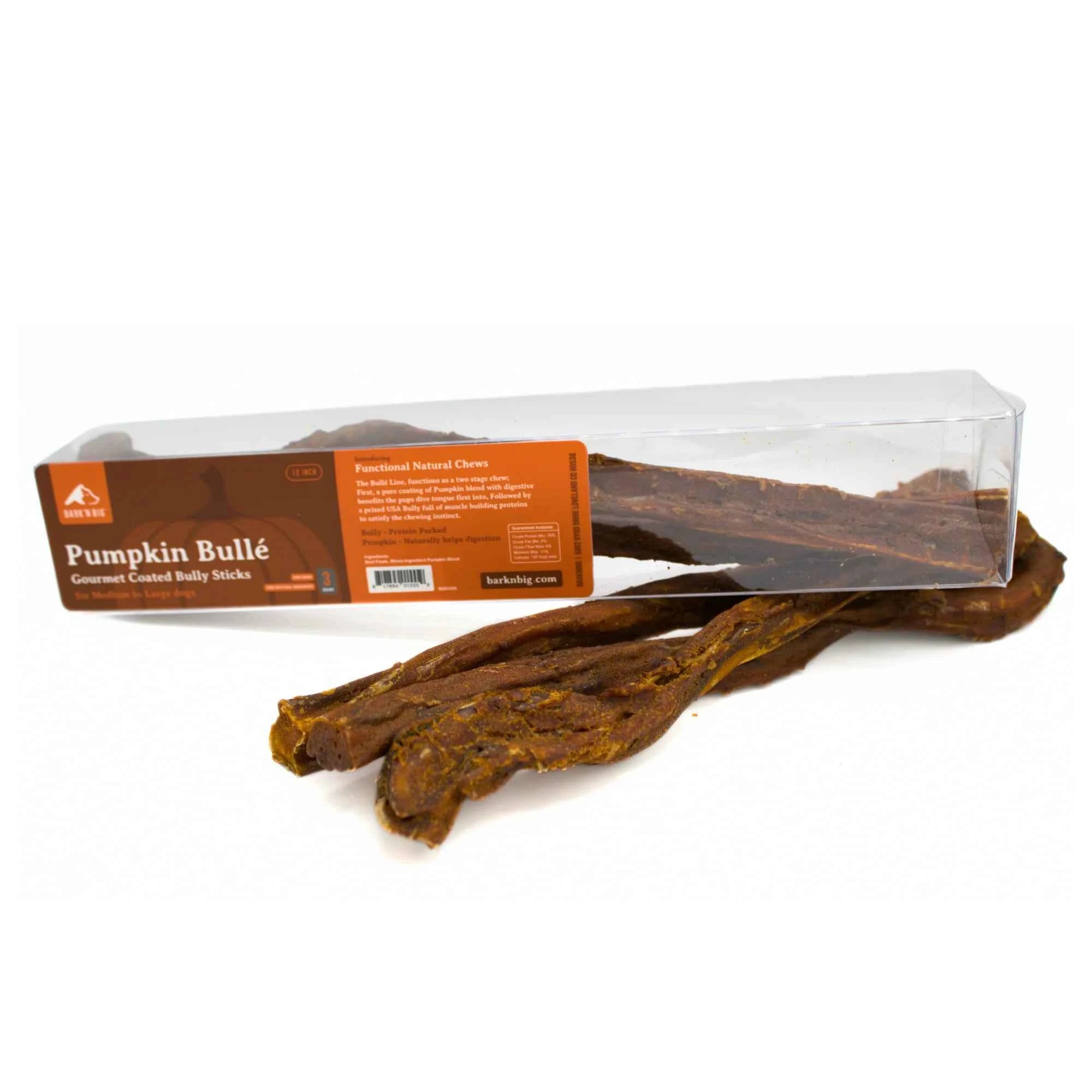 BarknBig Bullé Pumpkin Bully Sticks for dogs in a clear plastic box with three sticks displayed.