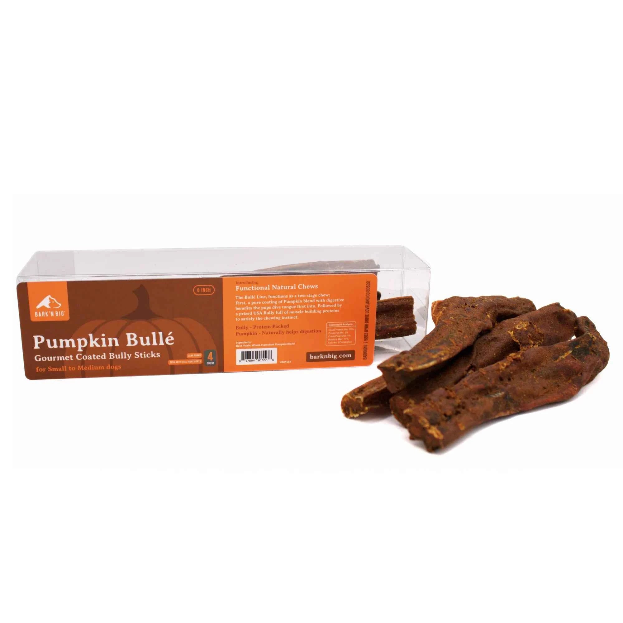 A four-pack of pumpkin-coated bully sticks next to their clear plastic packaging.