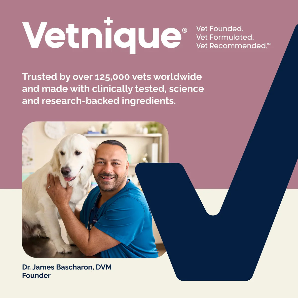Vetnique brand graphic featuring Dr. James Bascharon, DVM, with a golden retriever.