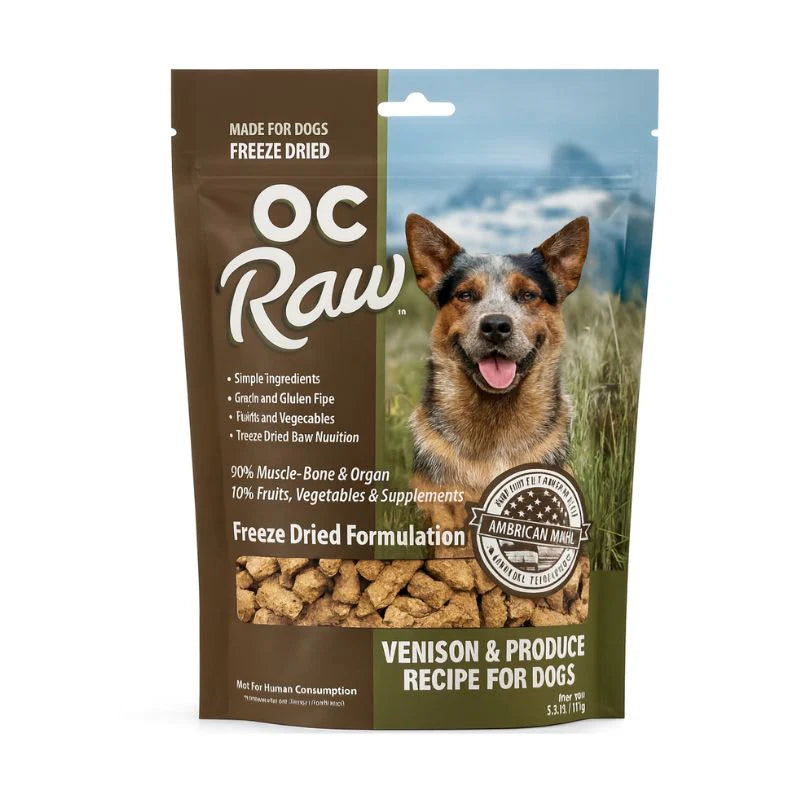 OC Raw Meaty Rox Venison & Produce Freeze-Dried Dog Food bag featuring a dog and food nuggets.