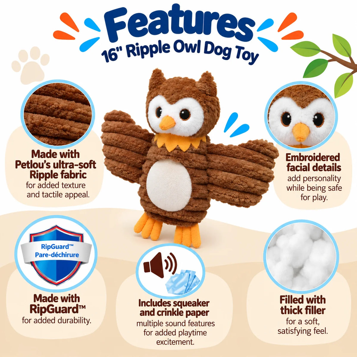 Petlou Zoo Friends Owl Squeaky Plush Dog Toy 16"