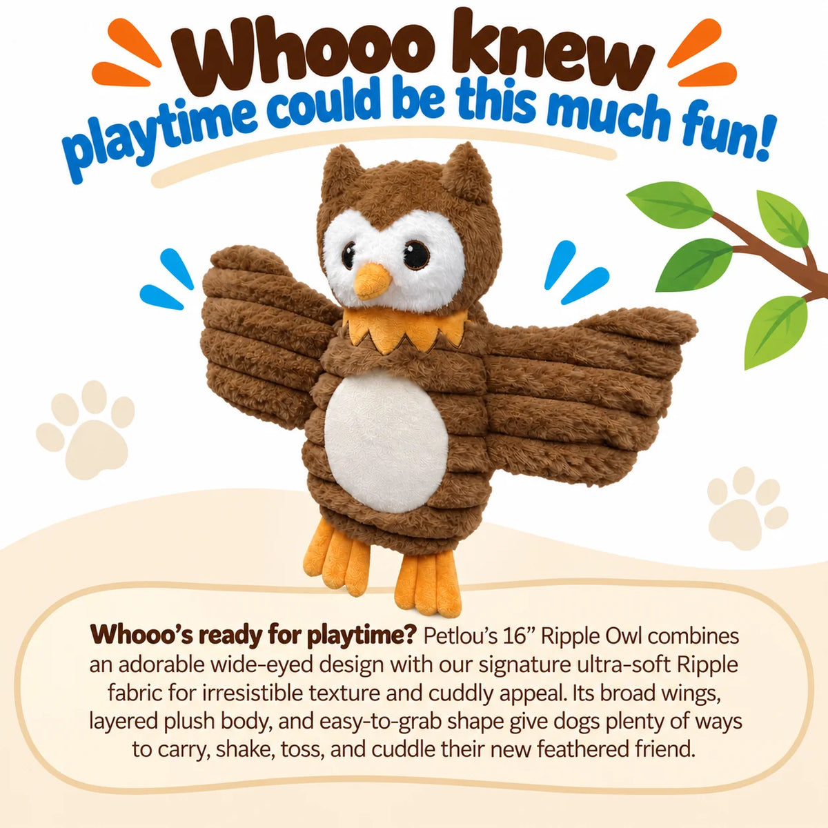 Petlou Zoo Friends Owl Squeaky Plush Dog Toy 16"