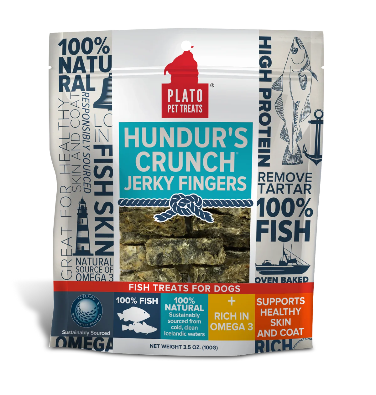 Resealable bag of natural fish-based dog jerky treats supporting healthy skin and coat with omega 3 benefits