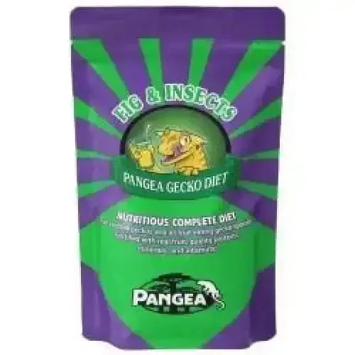 Pangea Gecko Diet Fig & Insects bag with a purple and green sunburst design and a gecko illustration.
