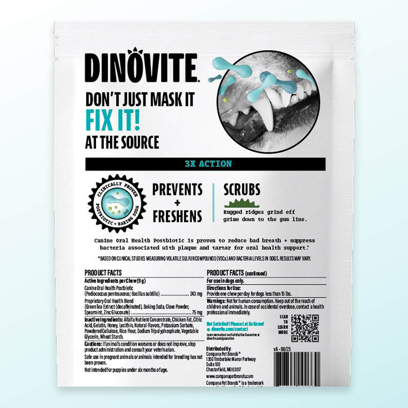 Talis Us Nutri-Vet Dental Dog Chews - Dinovite Triple Action package featuring dental benefits for healthy teeth and gums.