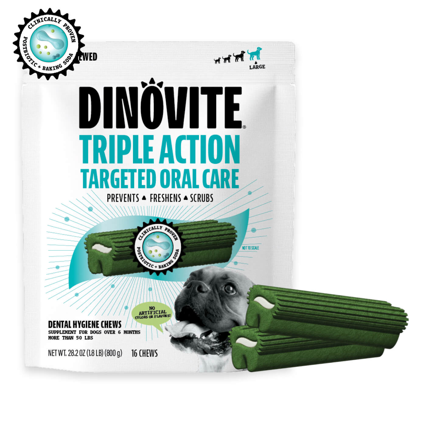 Talis Us Nutri-Vet Dental Dog Chews - Dinovite Triple Action package with green chews, promoting dental health for dogs.