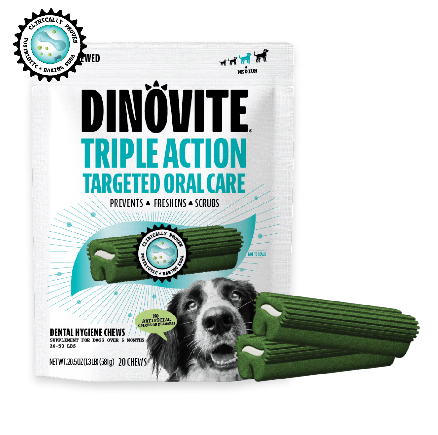 Talis Us Nutri-Vet Dental Dog Chews - Dinovite Triple Action package with green chews, promoting dental health for dogs.