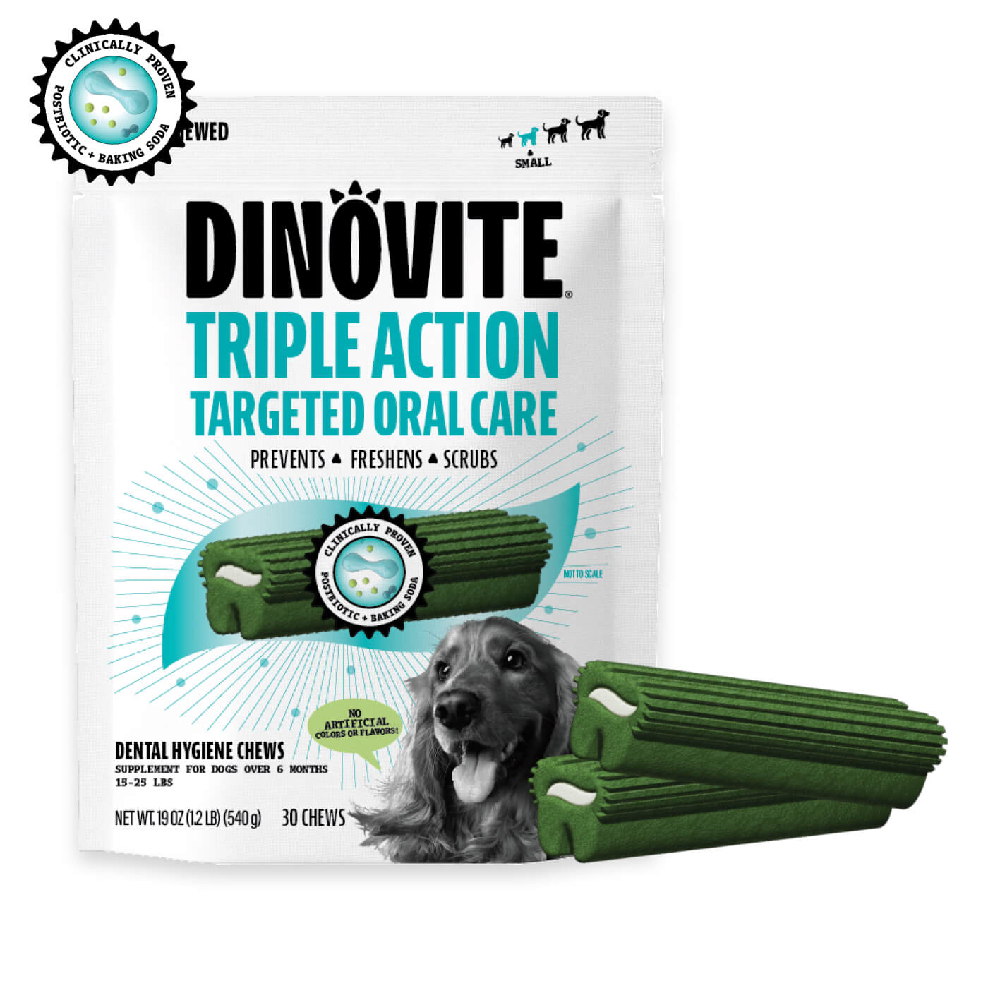Talis Us Nutri-Vet Dental Dog Chews - Dinovite Triple Action package with green chews, promoting dental health for dogs.