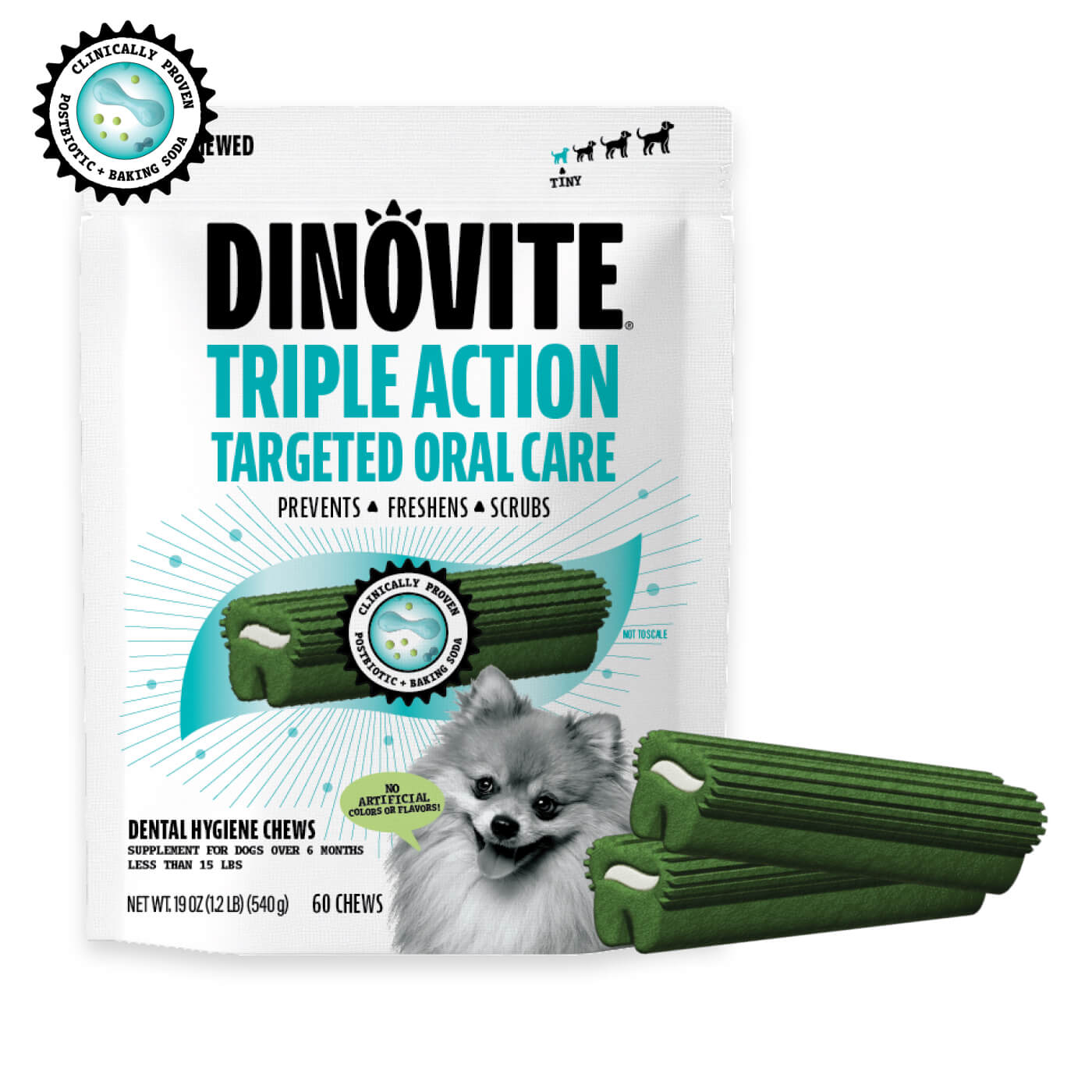 Talis Us Nutri-Vet Dental Dog Chews - Dinovite Triple Action package with green chews, promoting healthy teeth and gums.