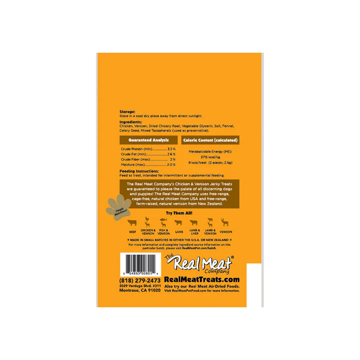 Back of Real Meat Chicken & Venison Jerky Dog Treats bag showing ingredients and nutrition facts.