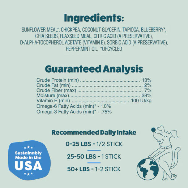 Talis Us Shameless Pets The Tooth Berry Dental Sticks Dog Treats ingredients and guaranteed analysis details on a light blue 