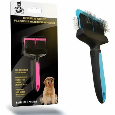 The Talis Us Double Sided Dog Grooming Brush for Shedding features black, pink, and blue accents, an ergonomic design for easy grooming, and comes in packaging with a dog image. Brand: Talis Us.