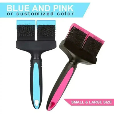 The Talis Us Double Sided Dog Grooming Brush for Shedding, by Talis Us, features black bristles and ergonomic grips. Available in blue, pink, or custom colors and small or large sizes—perfect for all pets’ grooming needs.