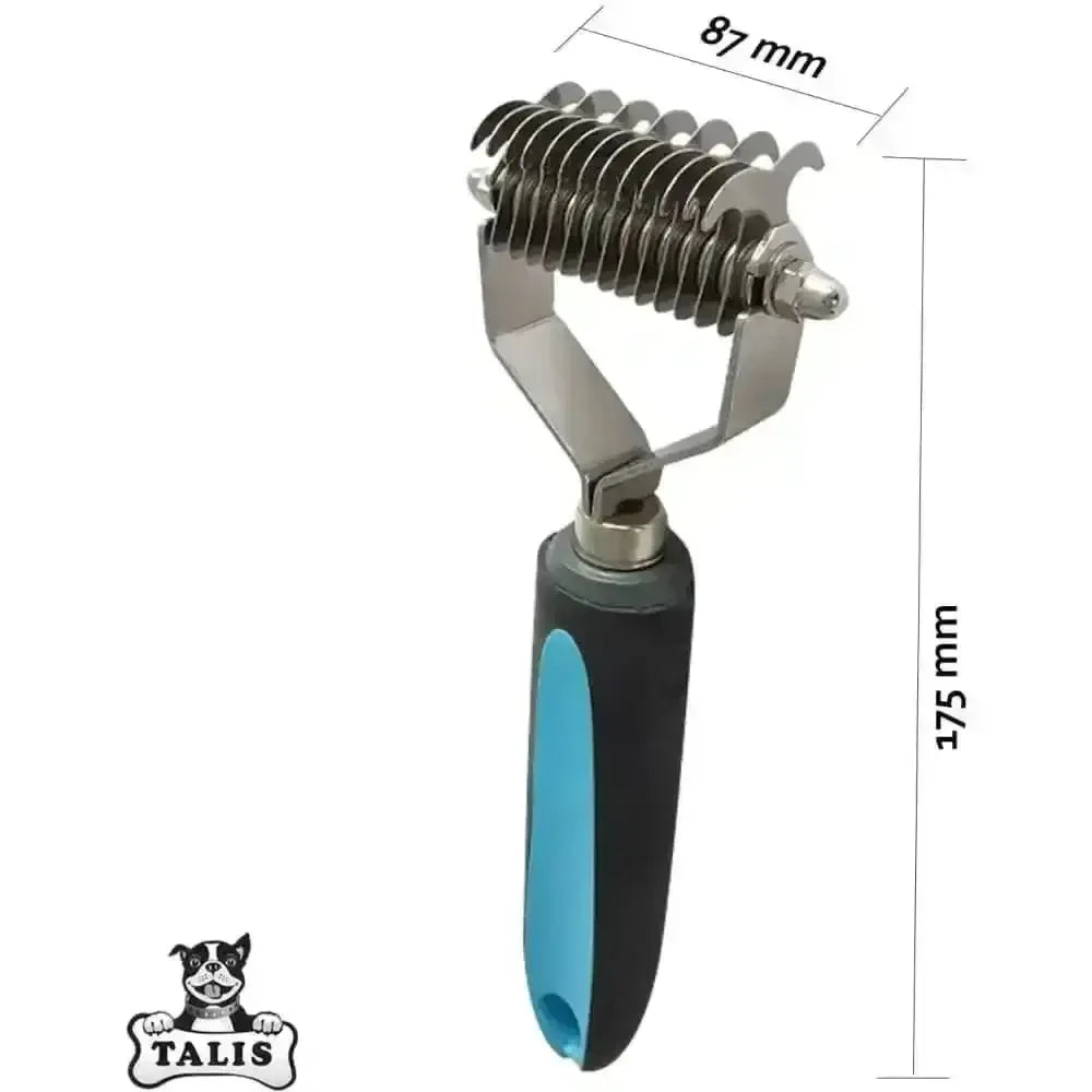 The Talis Us Pet Dematting Comb for Dogs features multiple metal blades, an ergonomic black and blue handle (87 mm x 175 mm), and displays the Talis Us brand logo with a dog at the bottom left.