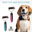 A dog with a blue collar holds the Talis Us Pet Dematting Comb for Dogs with Ergonomic Handle in its mouth. Two similar combs, one blue and one pink, are beside it. Text reads Best Cat and Dog Comb above the Talis Us logo.