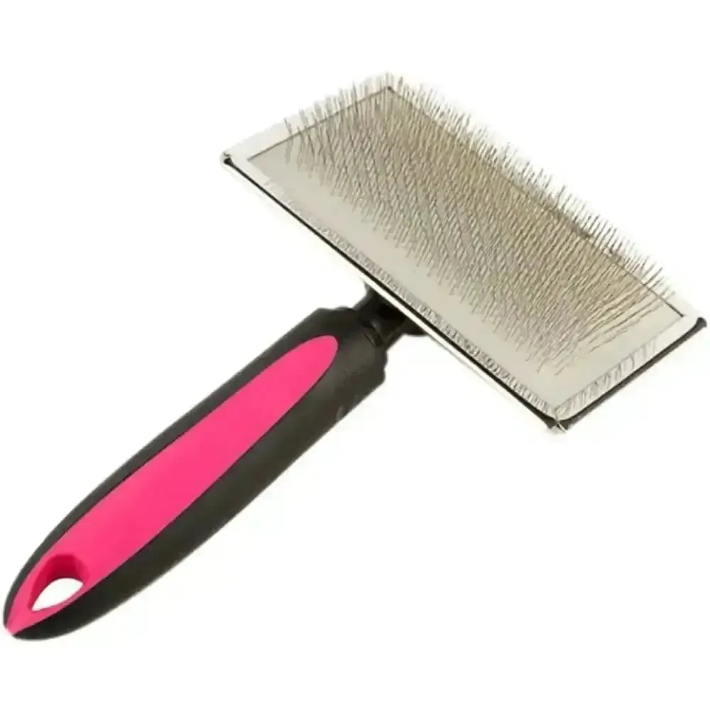 The Talis Us Pet Grooming Brush for Shedding features a rectangular metal head with fine, angled bristles and a black handle with a pink grip, making it easy to remove loose fur from dogs and cats during grooming.