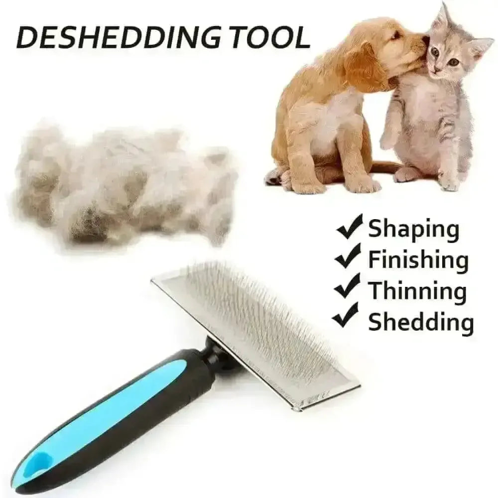 The Talis Us Pet Grooming Brush for Shedding with Comfortable Grip is shown next to a pile of fur, a puppy licking a kitten, and a checklist of shaping, finishing, thinning, and shedding. Text reads: DESHEDDING TOOL. Brand: Talis Us.