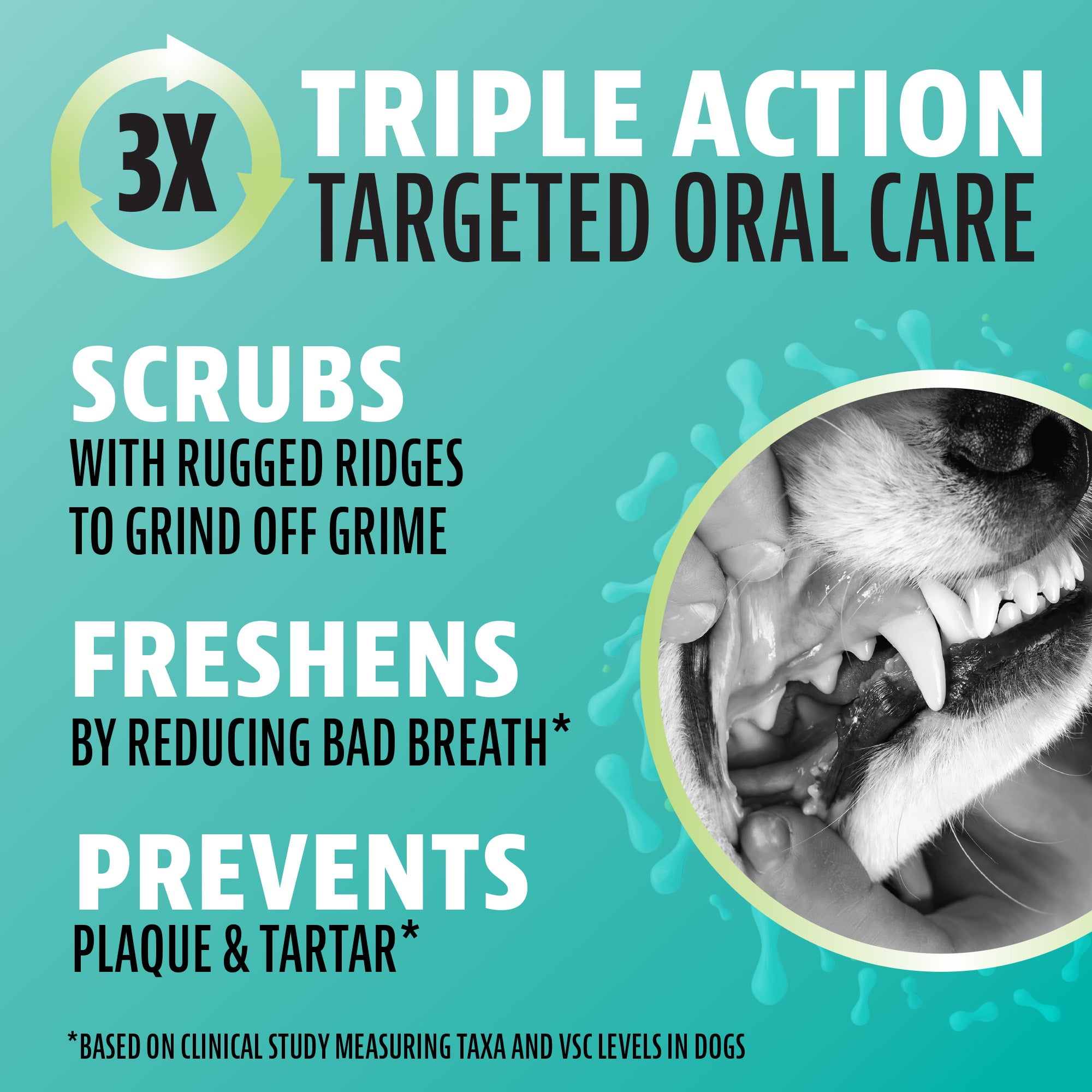 Talis Us Nutri-Vet Dental Dog Chews - Dinovite Triple Action for healthy teeth and gums, featuring benefits like scrubbing gr