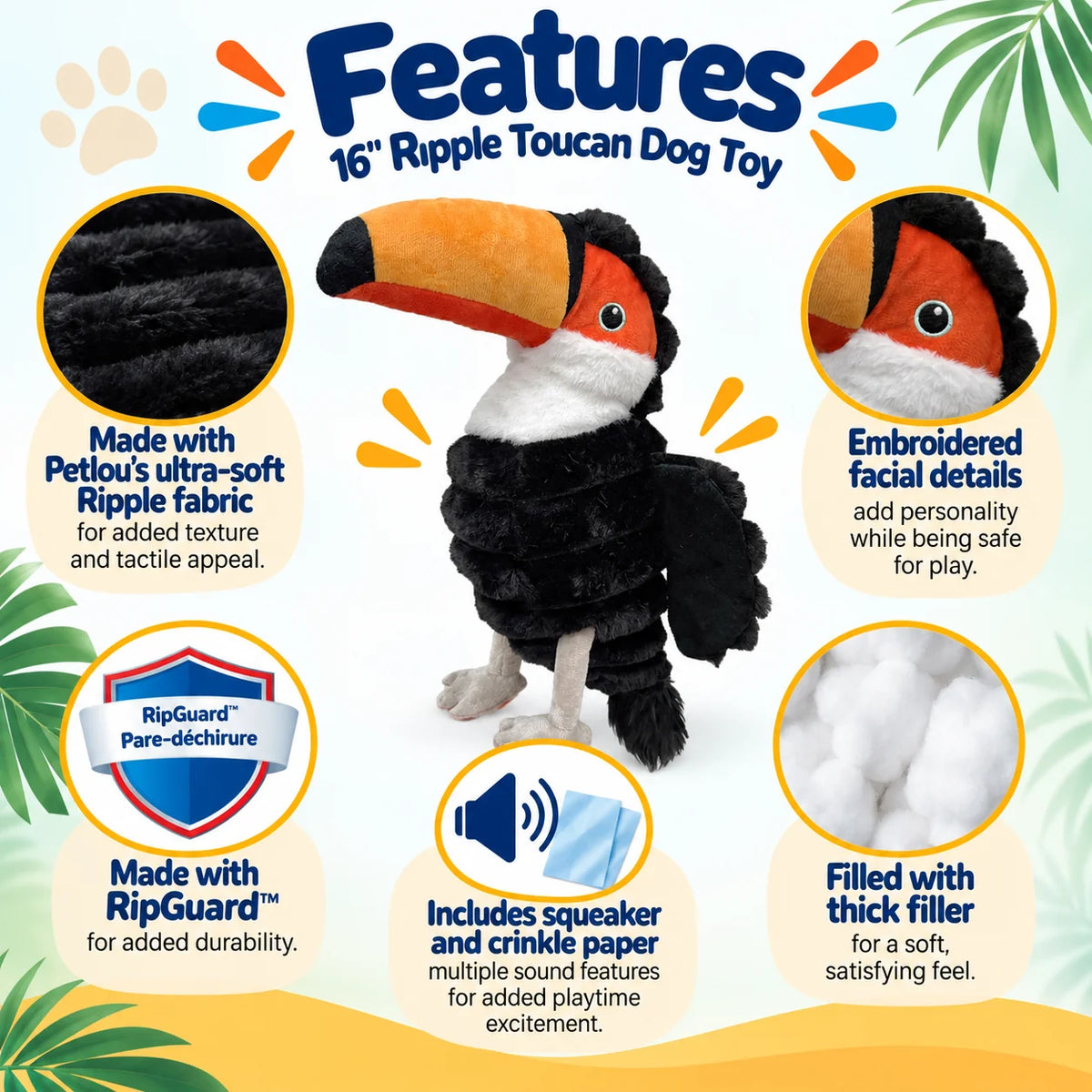 Petlou Zoo Friends Toucan Squeaky Plush Dog Toy 16"