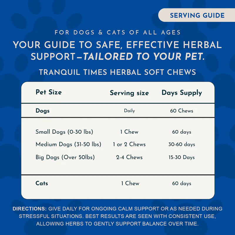 Serving guide table for Tranquil Times herbal soft chews for dogs and cats of all sizes.