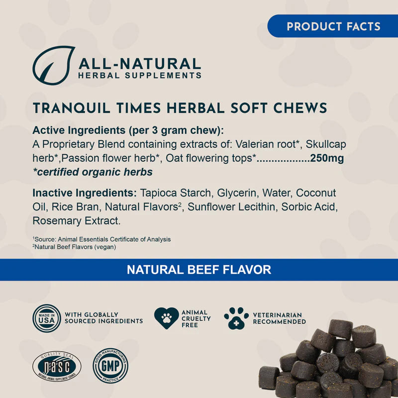 Product facts for Tranquil Times Herbal Soft Chews showing active and inactive ingredients.