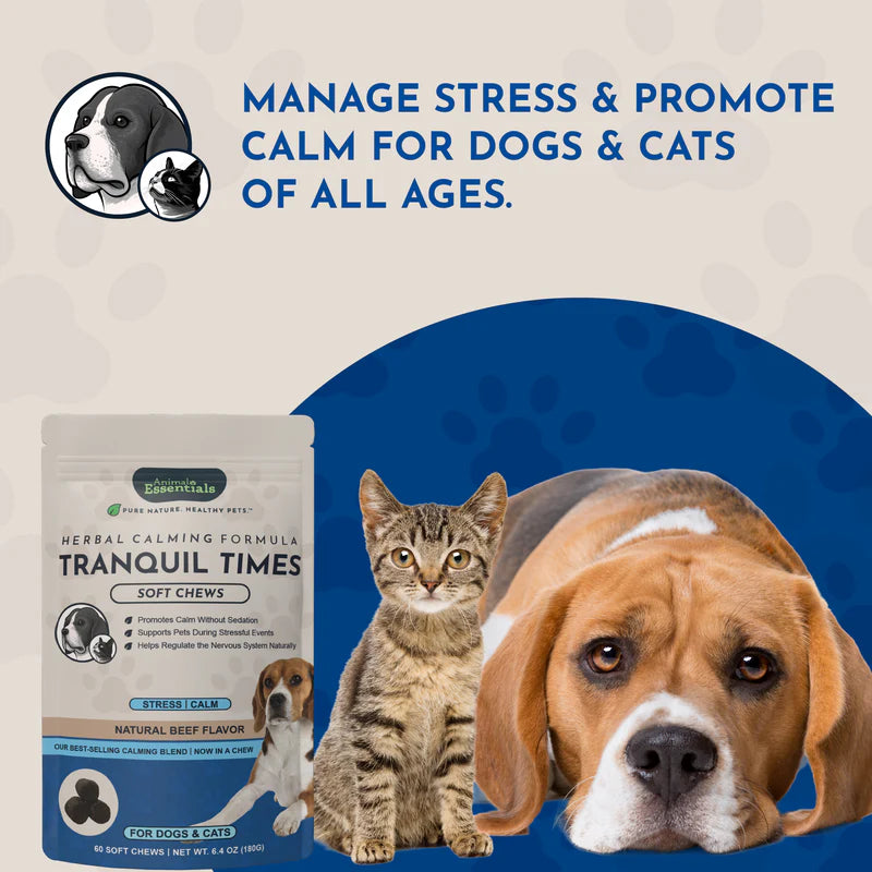 Animal Essentials Tranquil Times 60-count herbal calming soft chews for dogs and cats.
