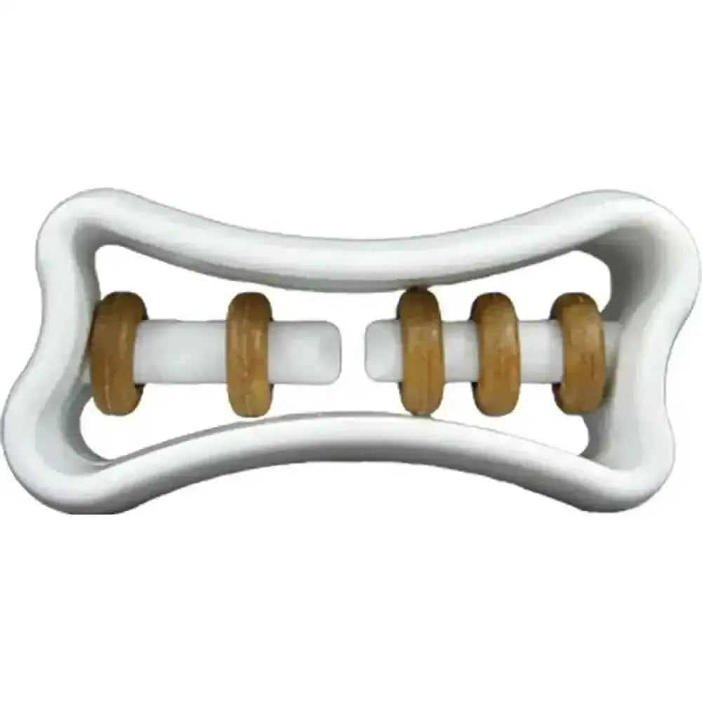 White bone-shaped dog toy with five brown treat rings on a central spindle for interactive chewing.