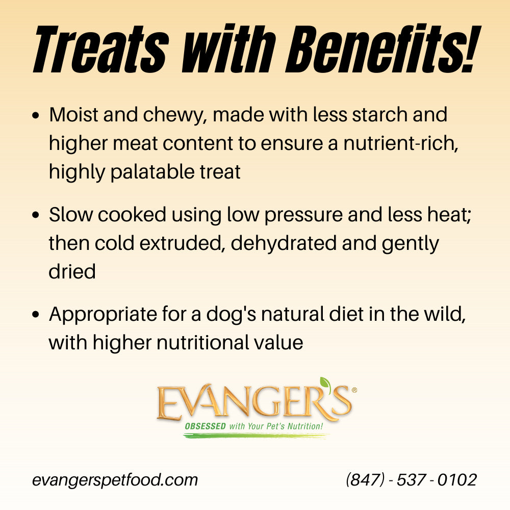 Informational graphic for Evanger's pet treats highlighting nutritional benefits and slow cooking.