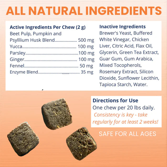 Three soft chews displayed with a list of natural active and inactive ingredients for pet health support.